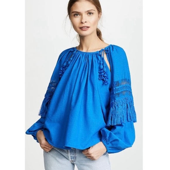 Ulla Johnson Tops - Ulla Johnson Duman Fringe Blouse Tassel Top Crochet Azul Blue Long Sleeve XS 0
